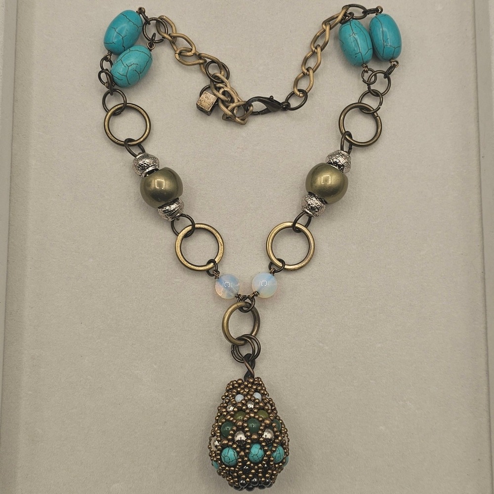 Bronze & Turquoise Tone Beaded Pendant Necklace 22" Boho Chic Earthy Southwest